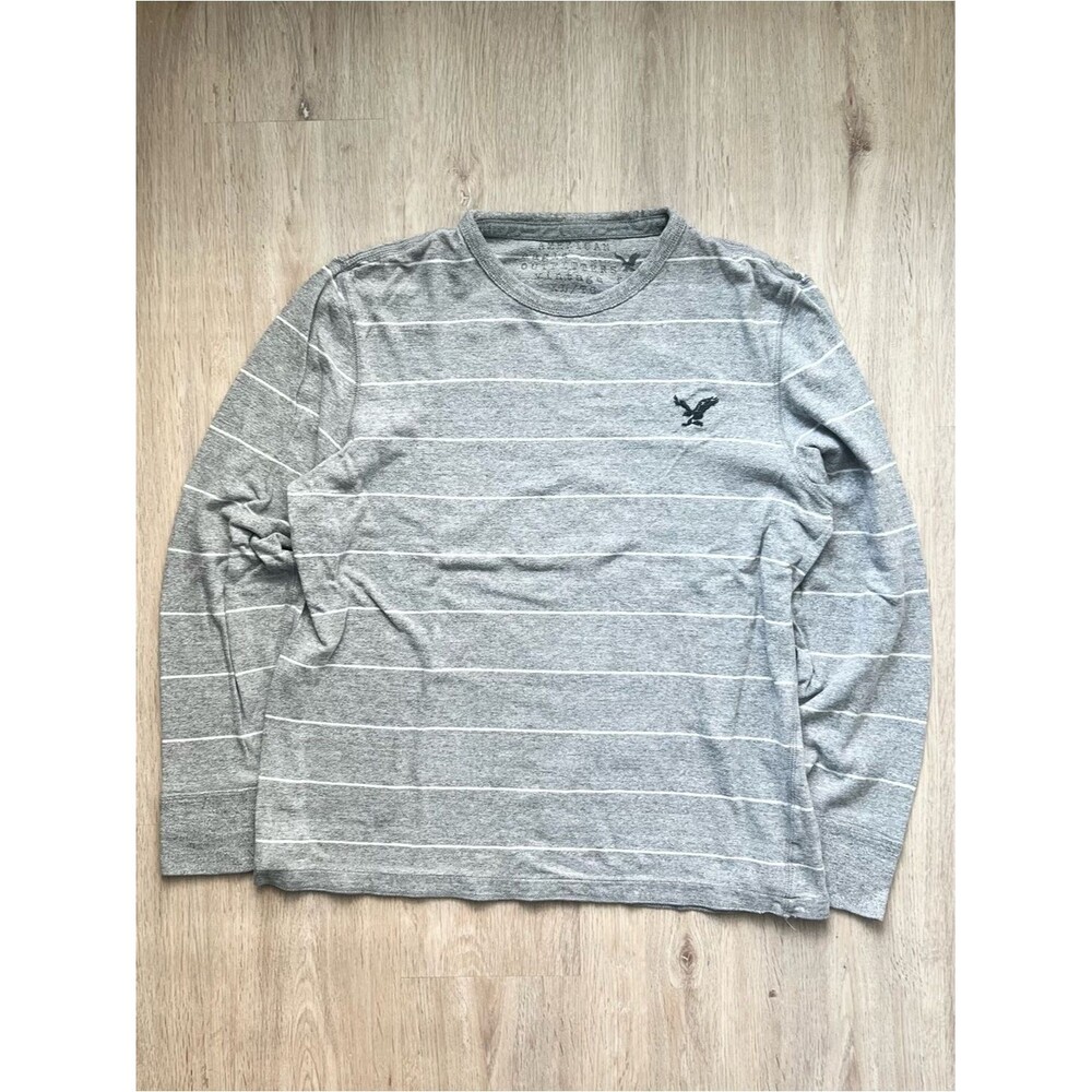 Y2K American Eagle Vintage Fit Knit Shirt Men XL Grey Striped Grunge Long Sleeve